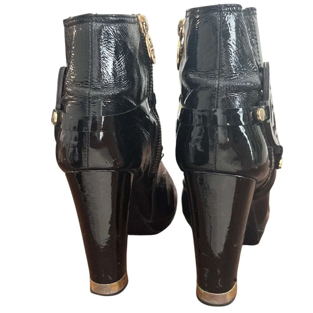 Tory Burch Whitney Booties Black Patent Leather Logo Platform Size 8